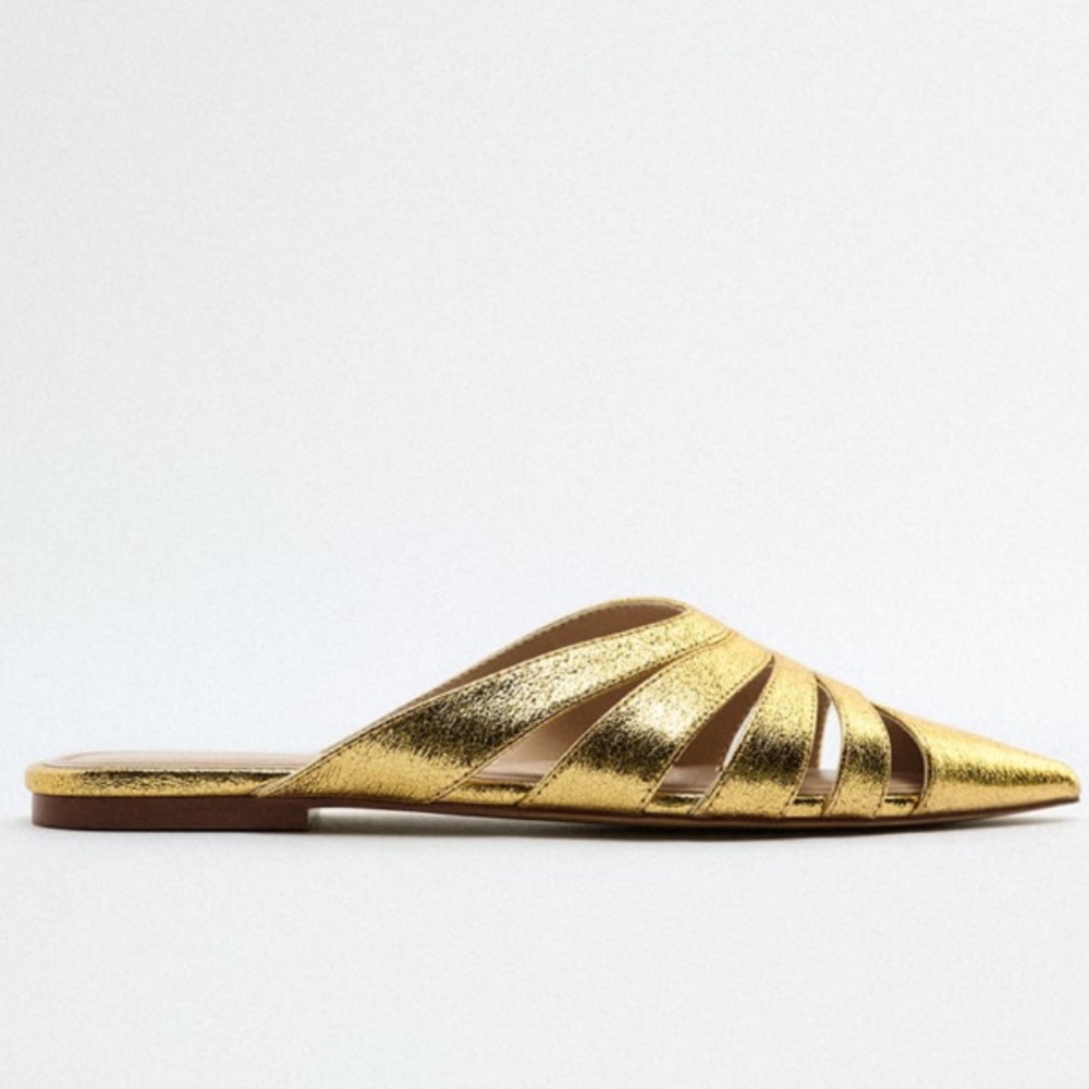NWOT Zara Gold Metallic Pointed Toe Mules - Picture 8 of 9